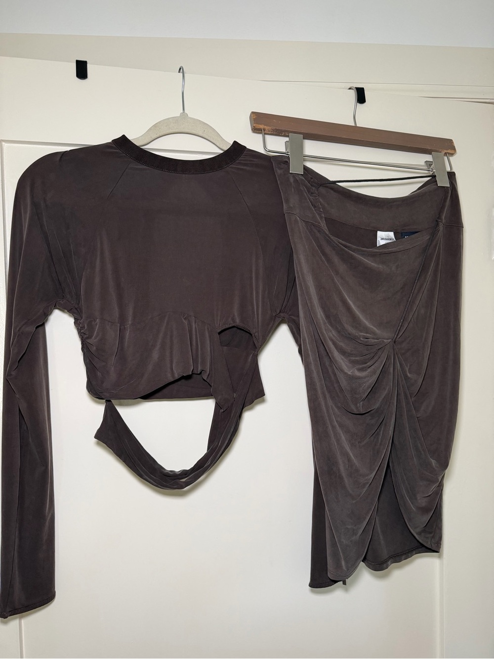 Two-Piece  Set - Long Sleeve Crop Top + Draped Skirt